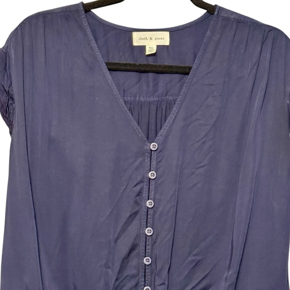 Cloth & Stone Button Down Tie Waist Boxy Lightweight Navy Blue Short Sleeve Top - Picture 3 of 9